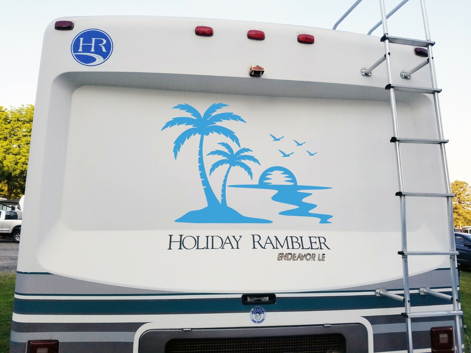 Palm Trees Beach Sunset Scene Vinyl Decal V1 – Camper Graphics Coast Travel