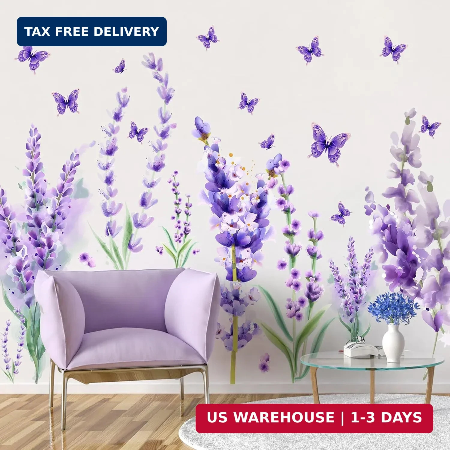 Removable Purple Lavender Wall Decals Purple Flowers Butterfly Wall Stickers DIY