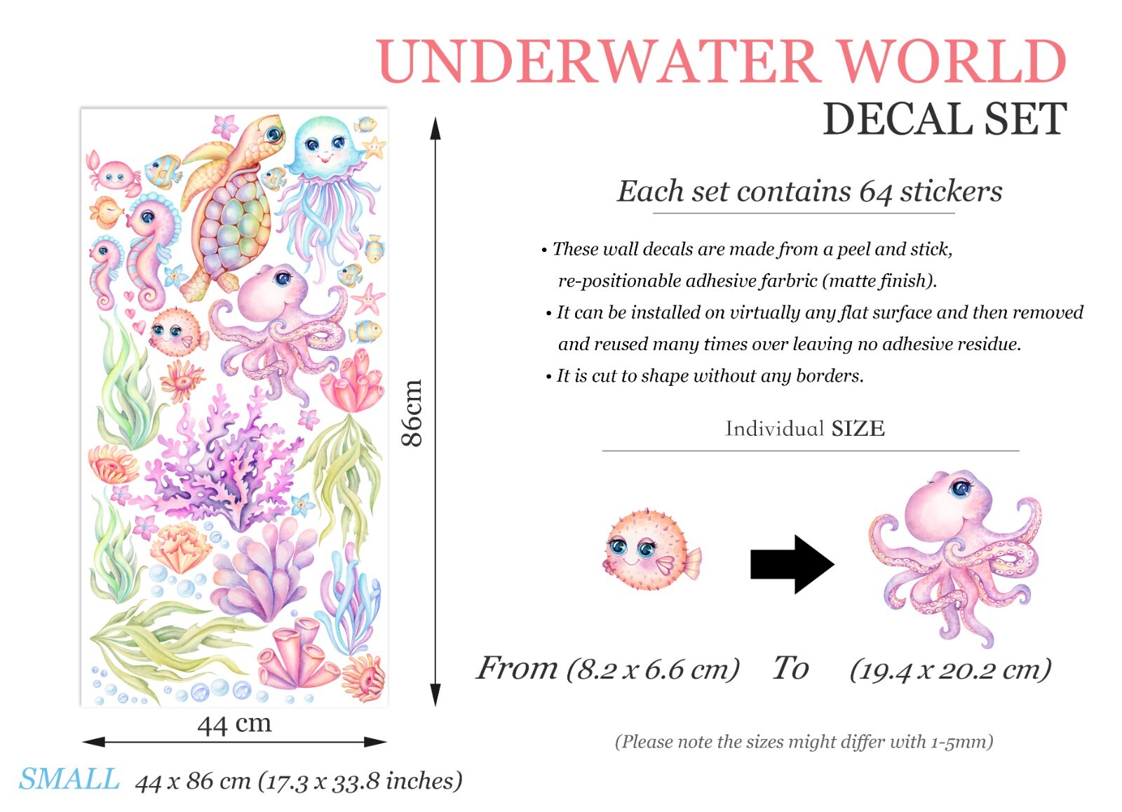 Baby Turtle Octopus Seahorse marine life Underwater World Wall Decal Sticker