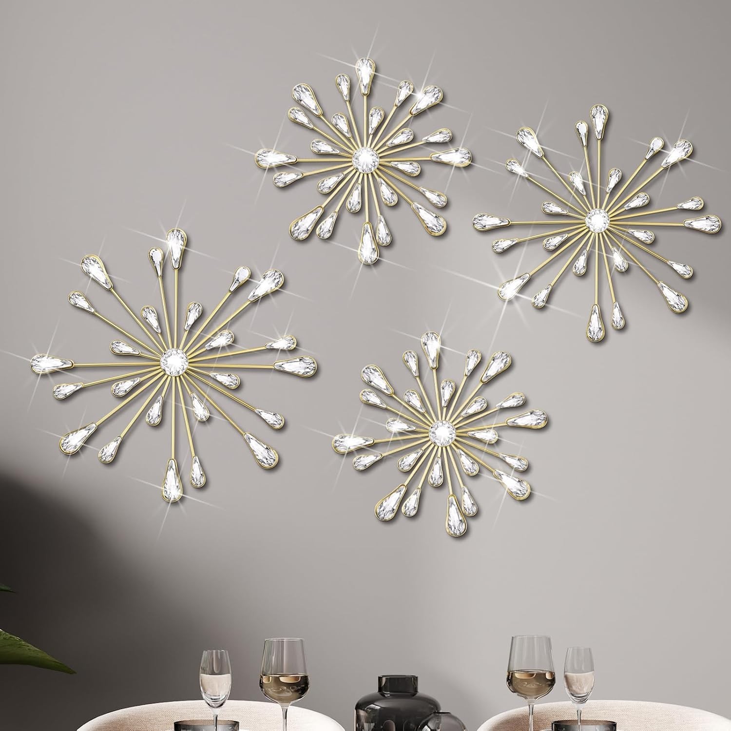 Elegant 3D Hanging Gold Starburst Wall Art – 4 Pieces for Stunning Décor