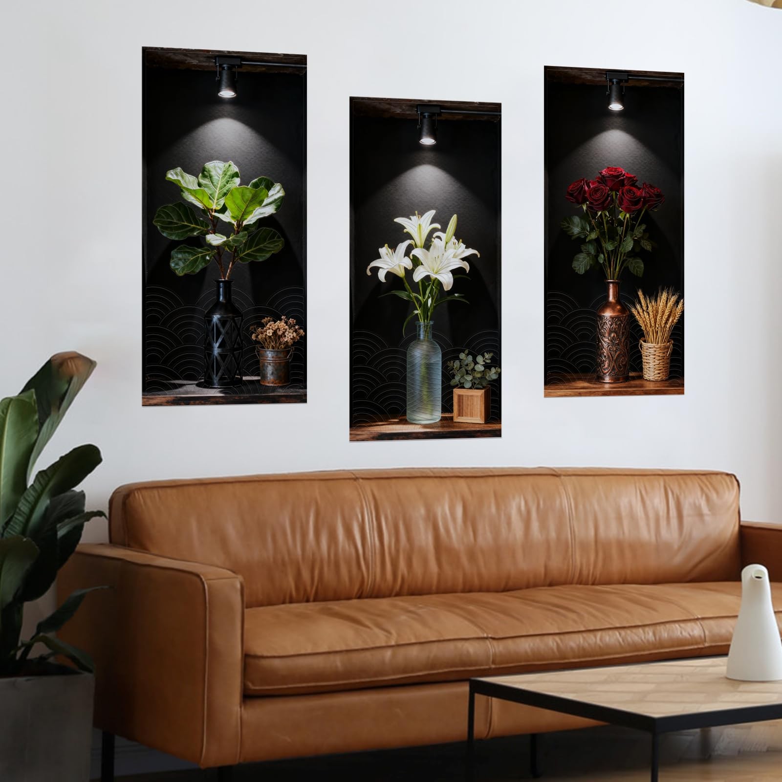 Dark Botanical Style Triptych Wall Stickers, 3 Sheets Floral Wall Decals with…