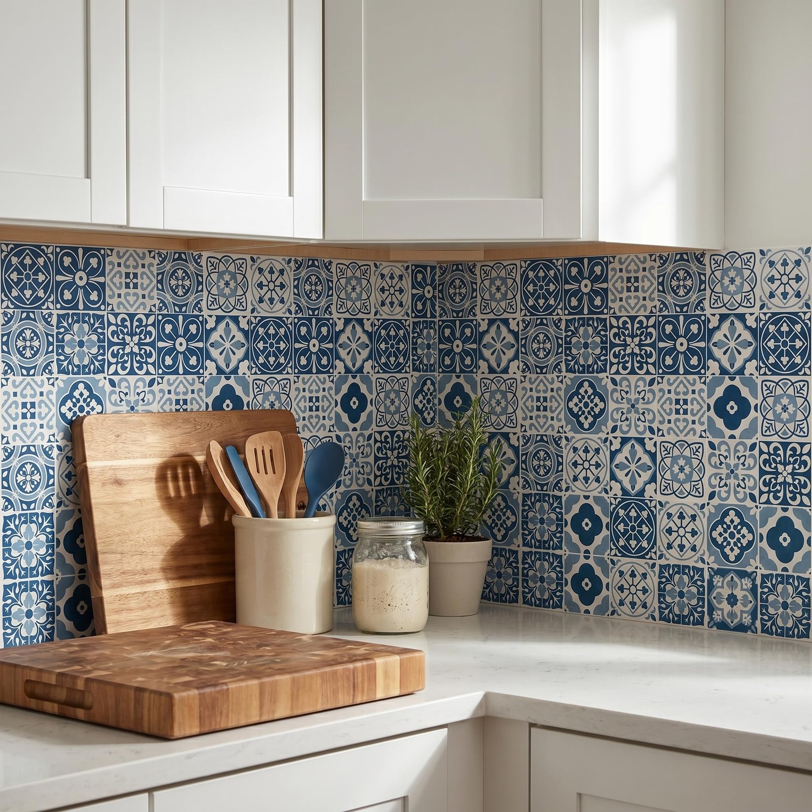 30 Pack Blue and White Peel and Stick Backsplash, 4×4 Inch Mediterranean Tile…