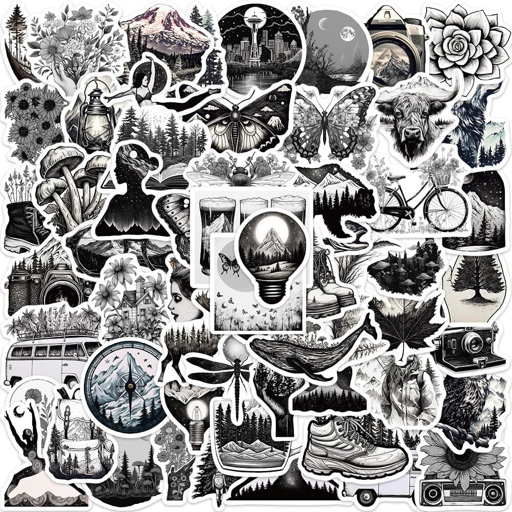 60Pcs Black White Outdoor Travel Nature Stickers – Vinyl Multicolor