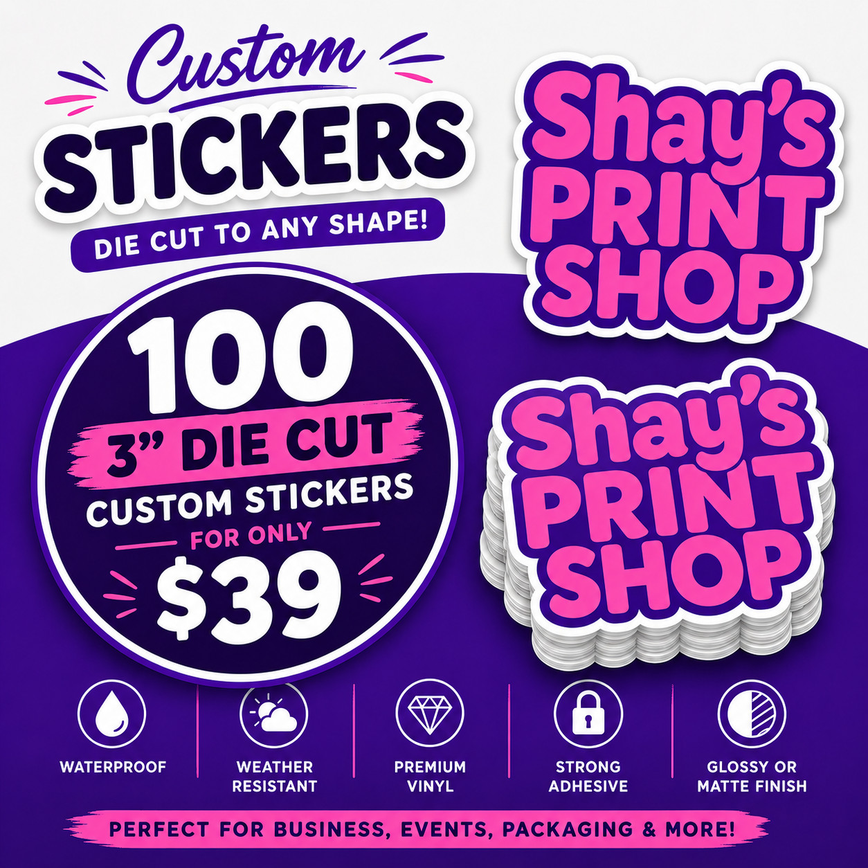 100 Custom 3" Die Cut Stickers | Upload Your Logo | Waterproof Vinyl Decals