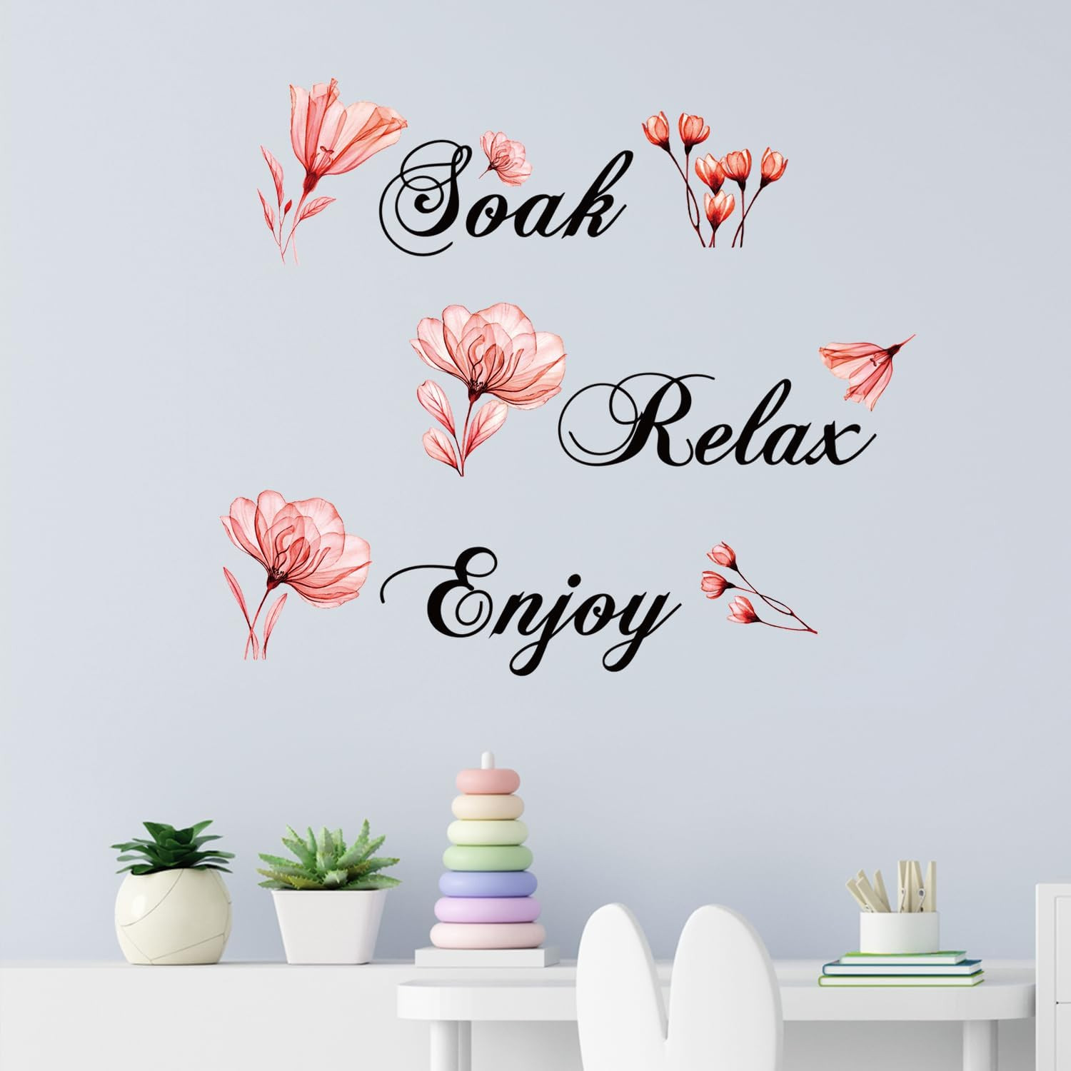 Soak Relax Enjoy Wall Sticker Red Flower Butterfly Peel and Stick Wall Art Decor