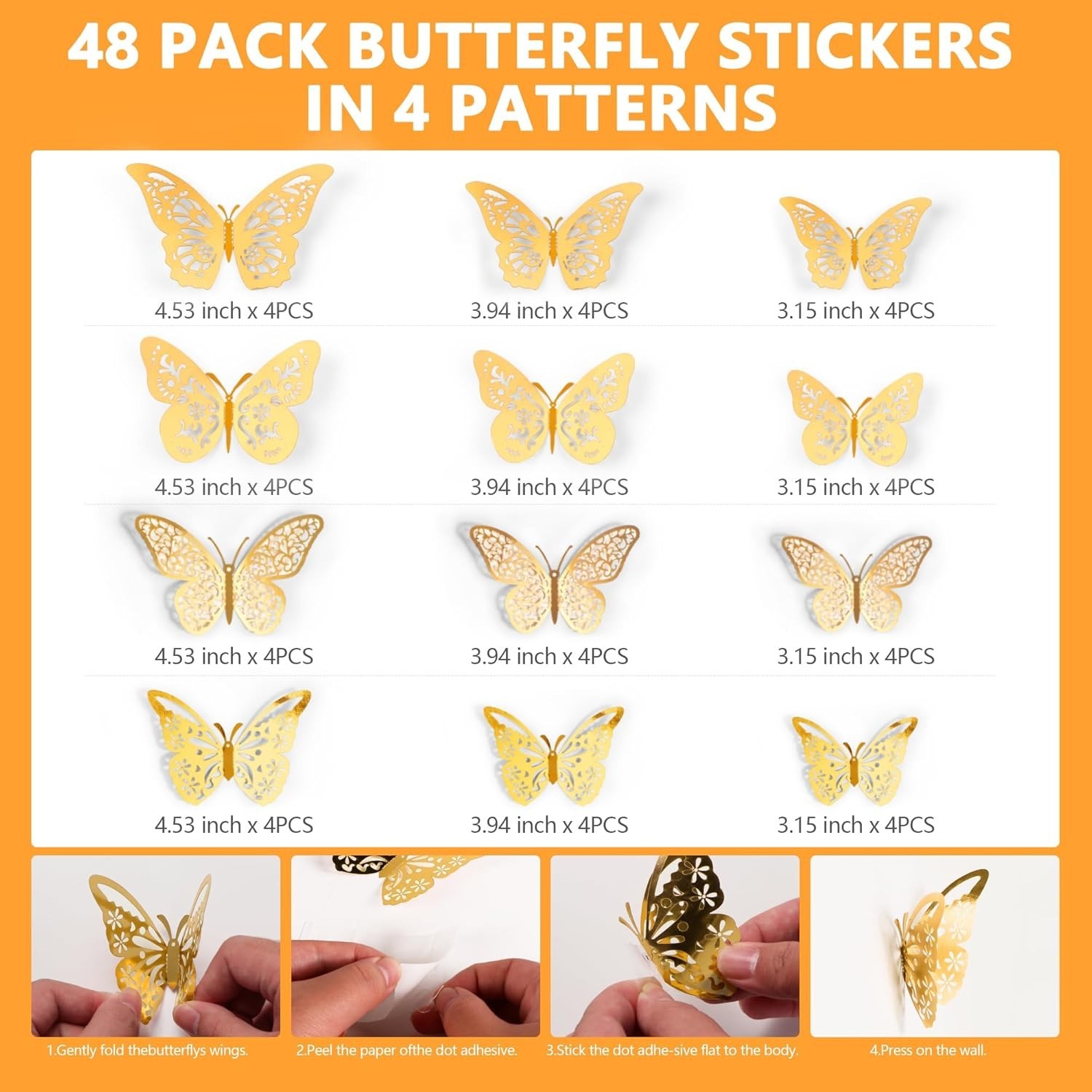 48 Pcs Gold 3D Butterfly Decorations, 4 Styles 3 Sizes, Butterfly Wall Decor,…