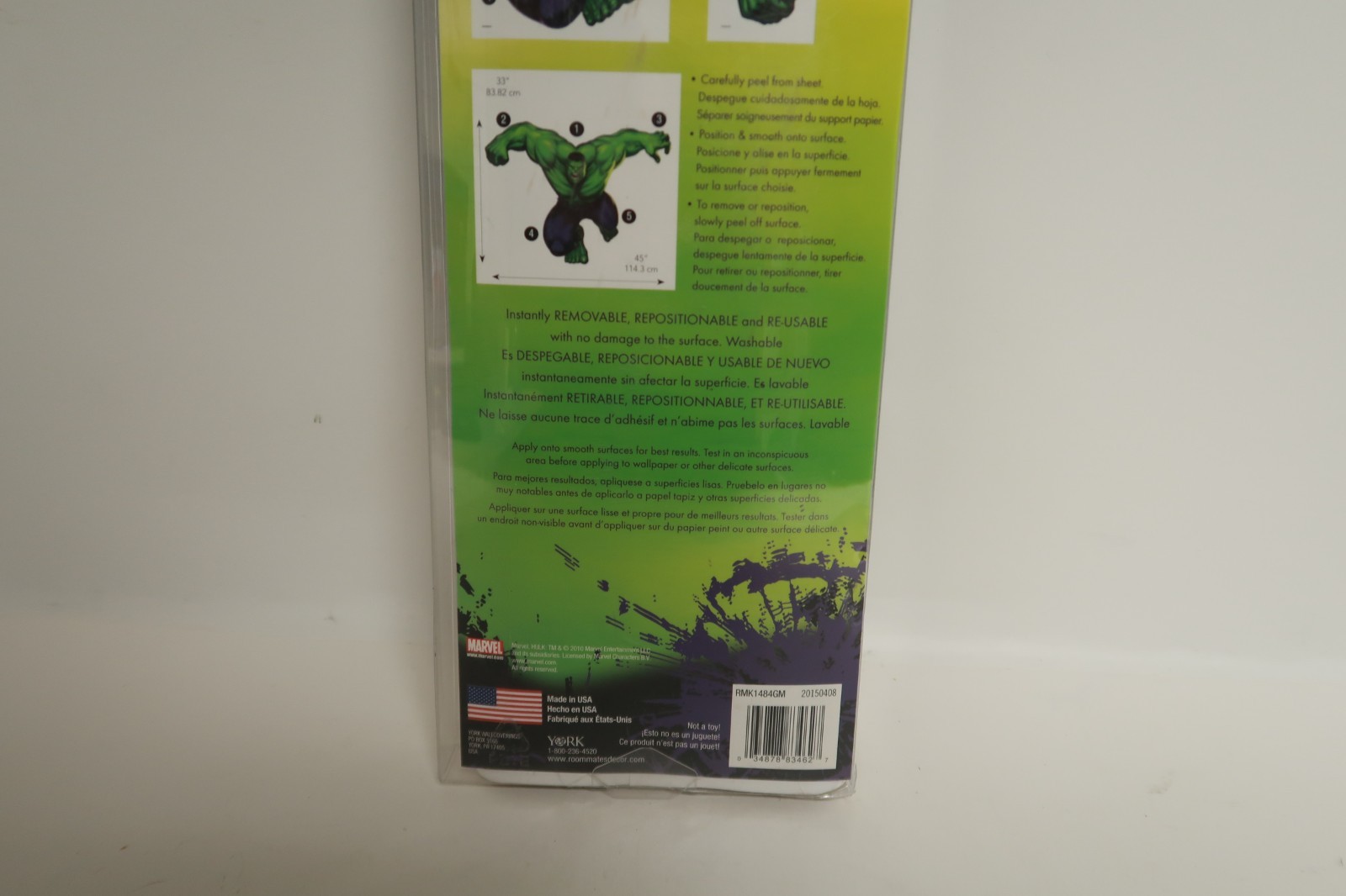 The Incredible Hulk Peel and Stick Wal Decal Removable Repositionable York (New)