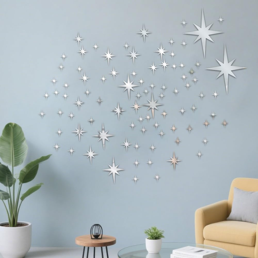 71 Pcs Silver Star Stickers, 3D Acrylic DIY Star Mirror Wall Stickers Decor, Rem