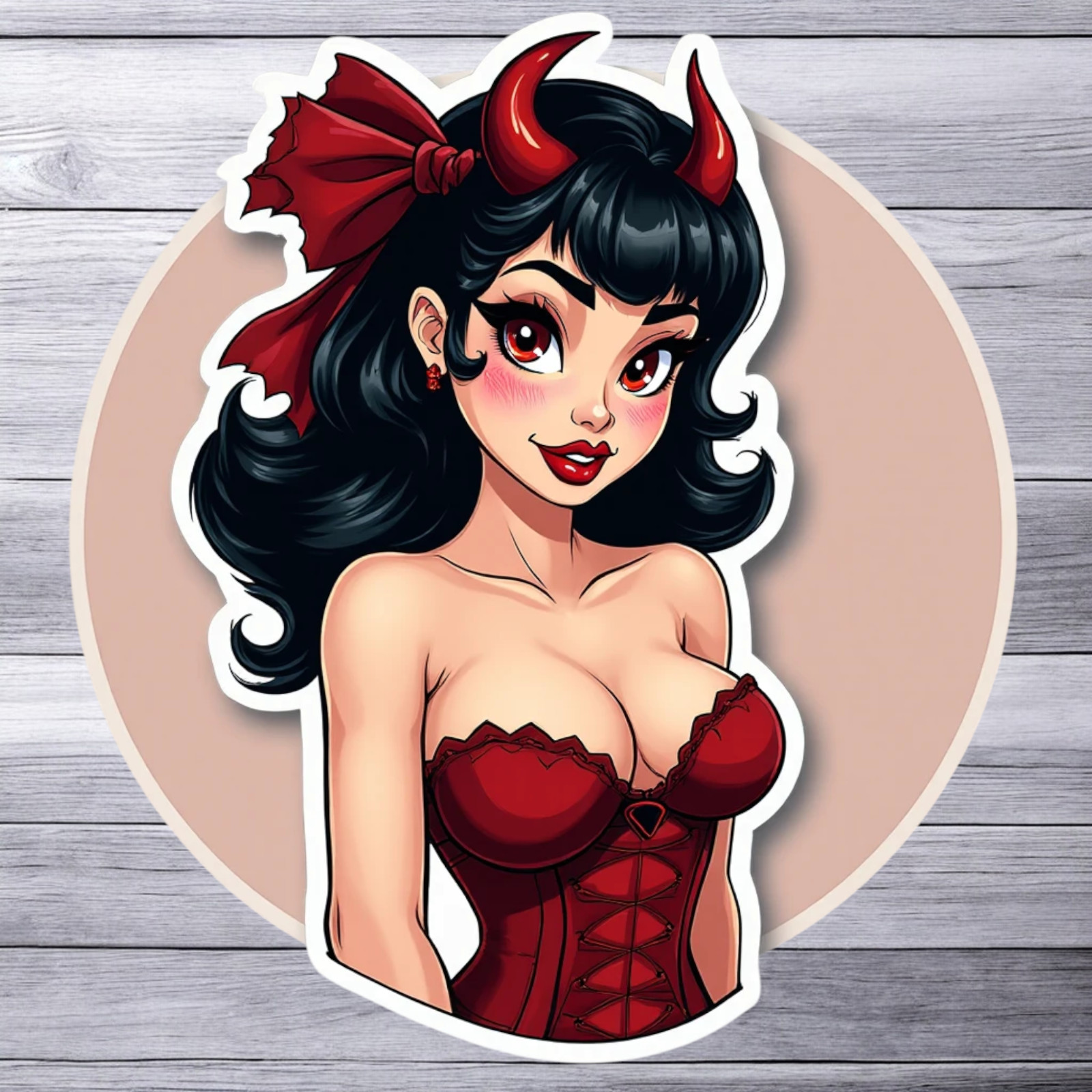 Pinup girl sticker vinyl decal devil horns red corset black hair seductive look