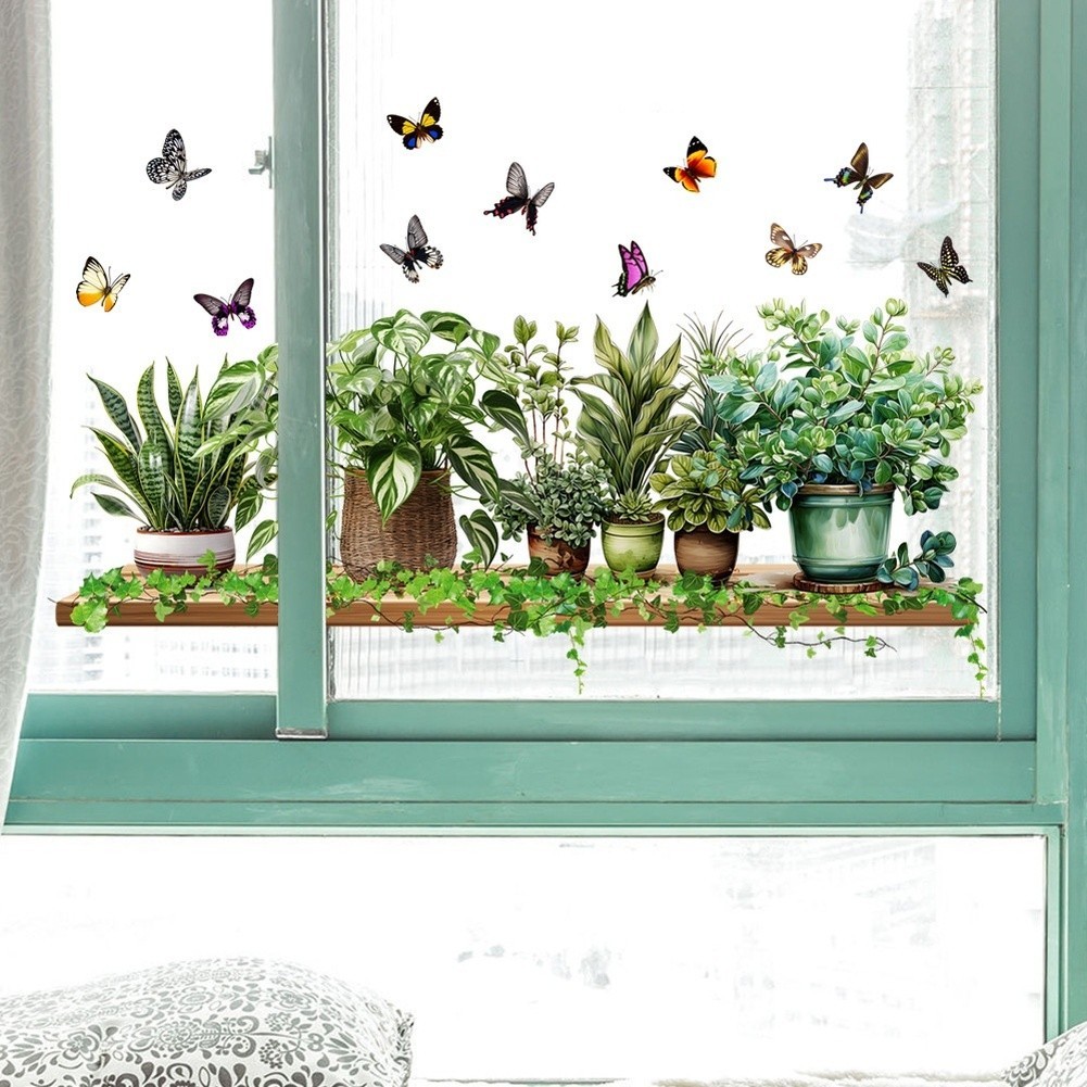 Glass Window Stickers with Realistic Green Leaves and Butterflies 60x50cm
