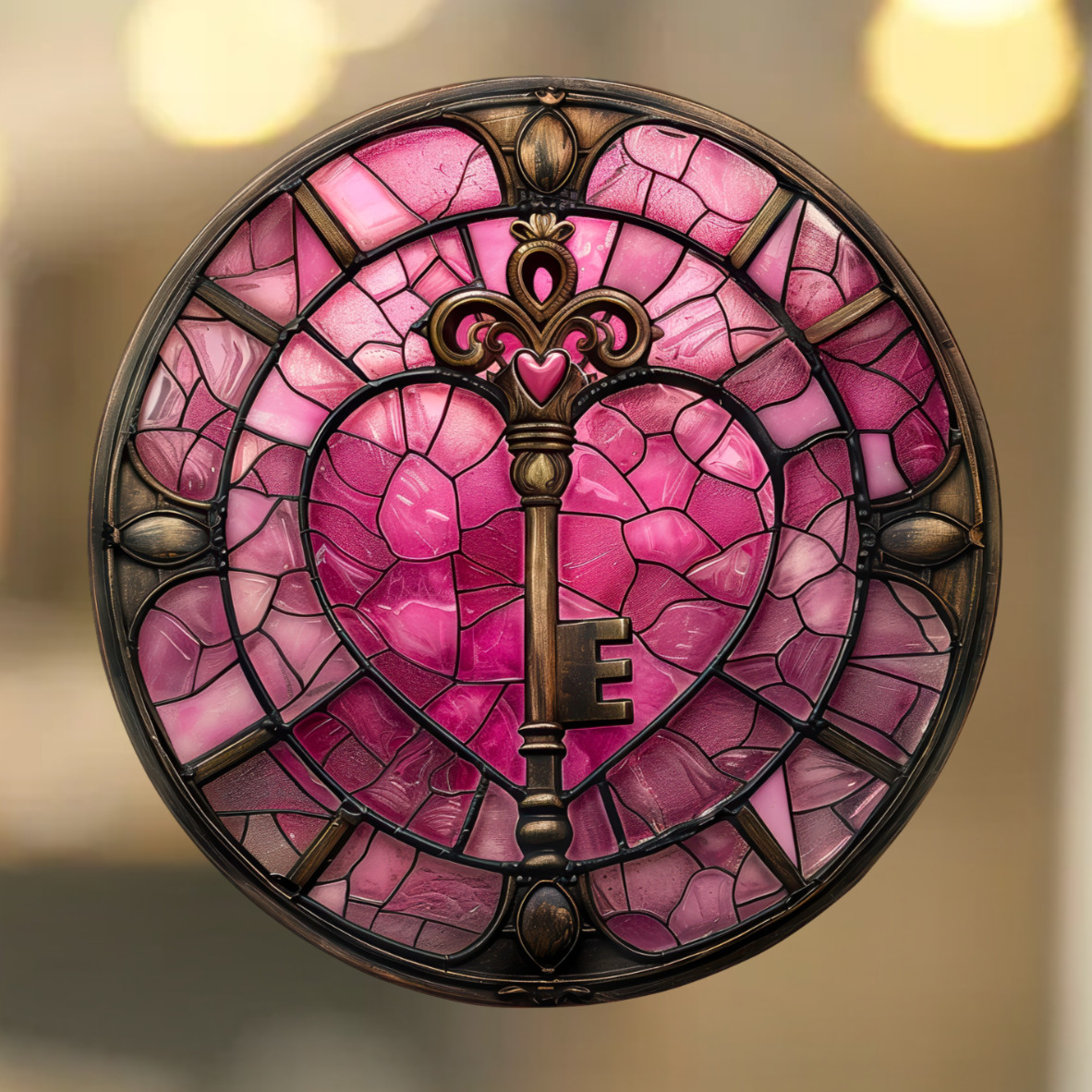 Key to Heart Faux Stained-Glass WINDOW CLING Suncatcher Size 8" Round