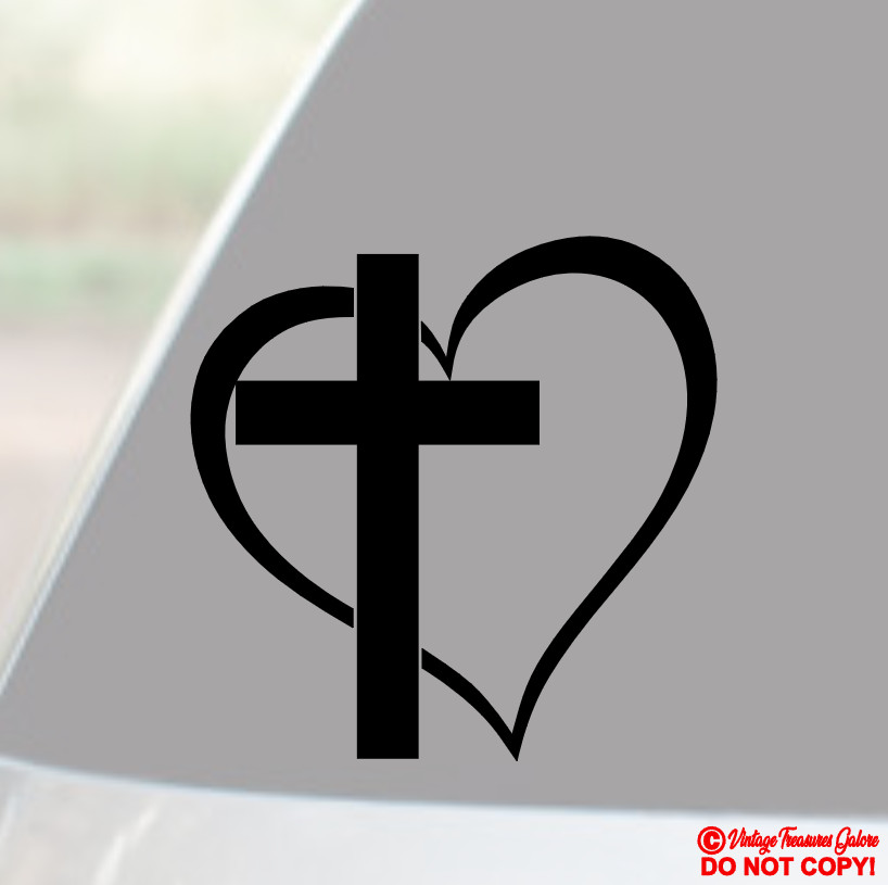 CROSS HEART Vinyl Decal Sticker Car Window Wall Bumper God Jesus Love Bible Jdm