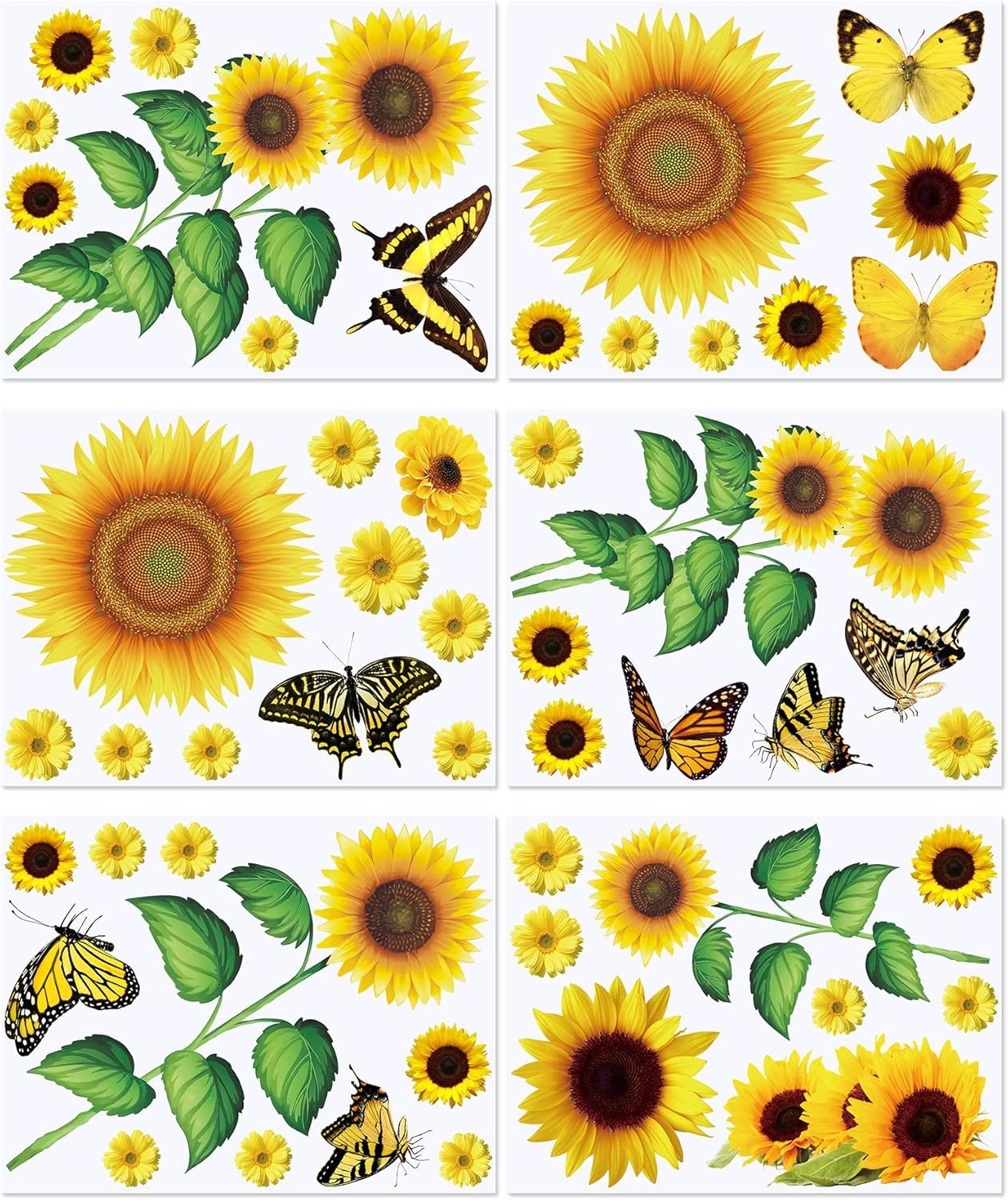 53 Pcs Sunflower Daisy Wall Decals Butterfly Stickers, Waterproof Yellow