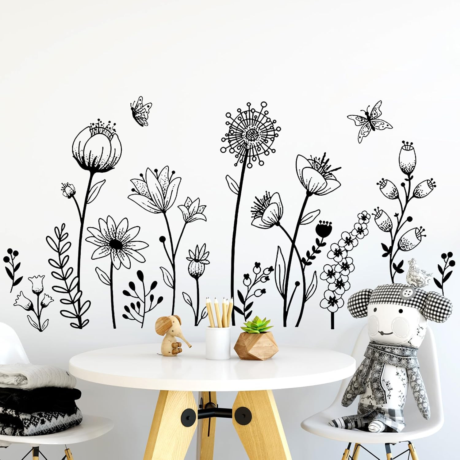 Black Flower Wall Decals Peel and Stick Simple Boho Flower Wall Sticker Wildflow