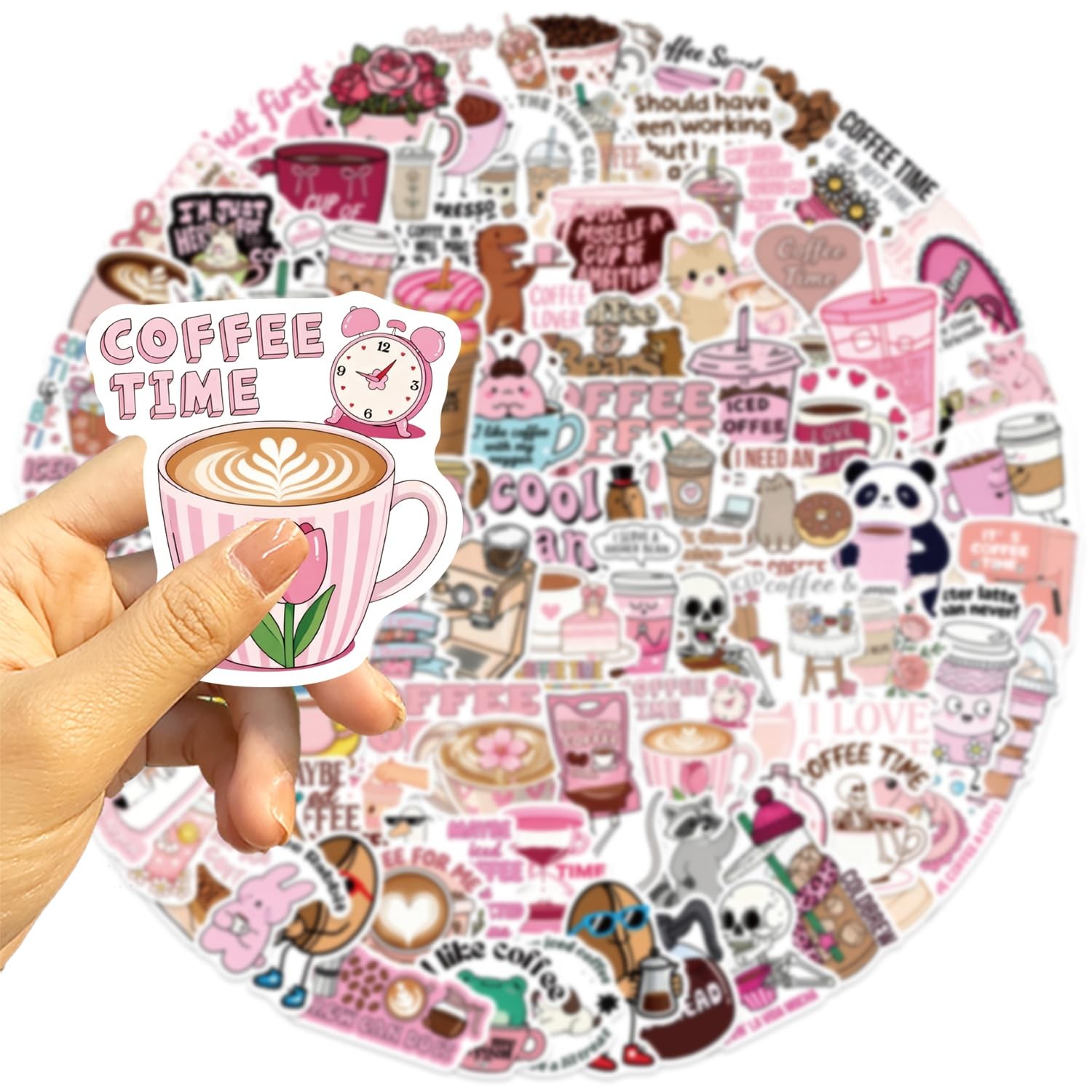 100PCS Funny Coffee Stickers, Waterproof Vinyl Decals for Water 1-3in, Pink