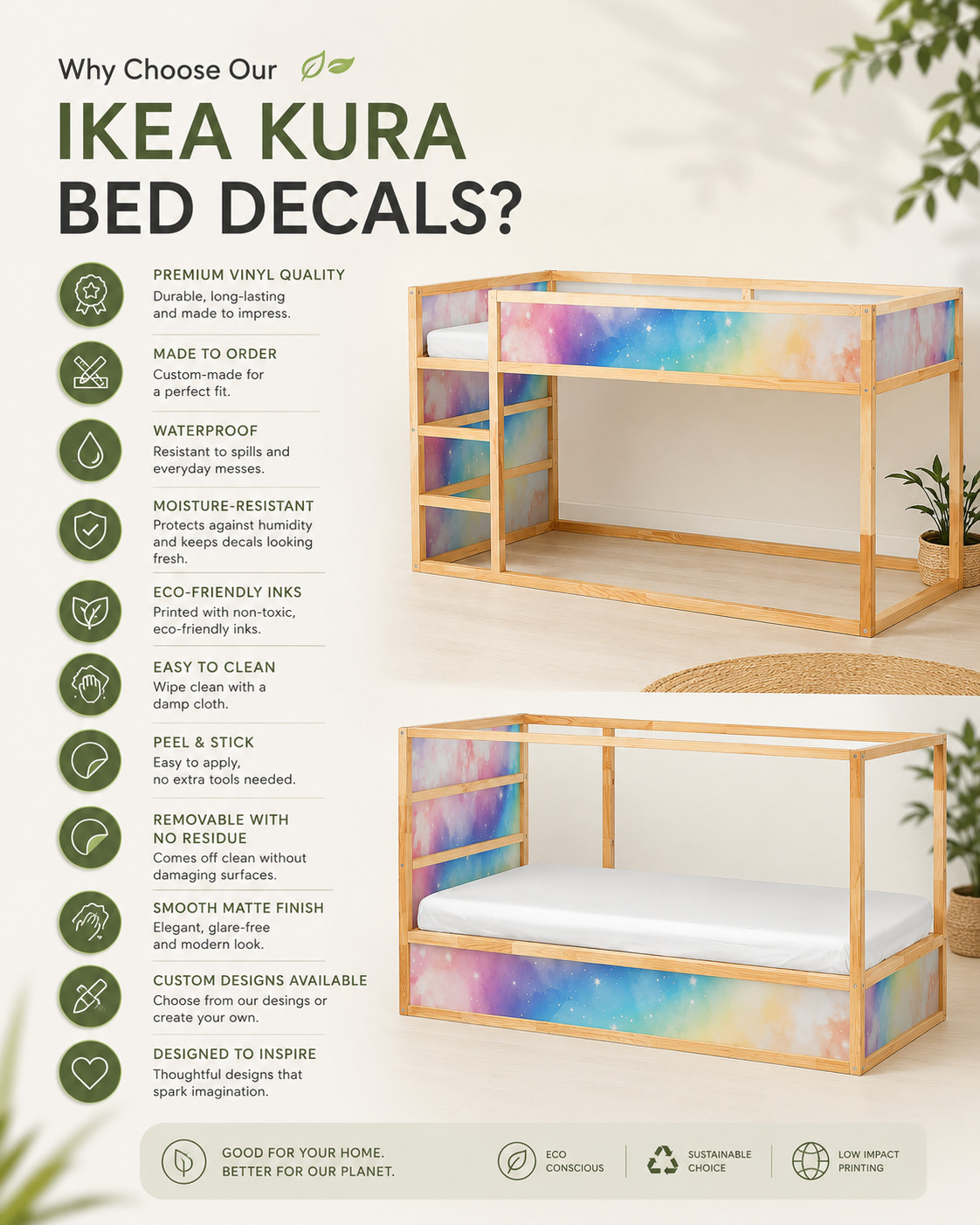 Minecraft Grass Block Decals for IKEA KURA Bed – Peel & Stick Vinyl Panels