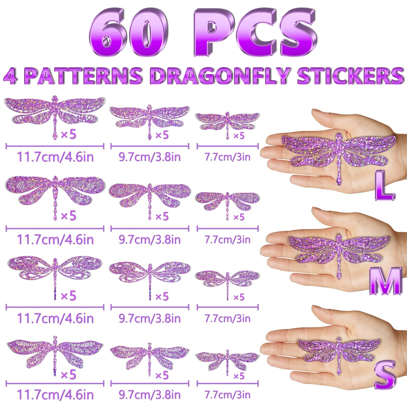 60 Pcs 3D Sequined Iridescent Dragonfly Wall Decor Stickers,Removable Glitter…