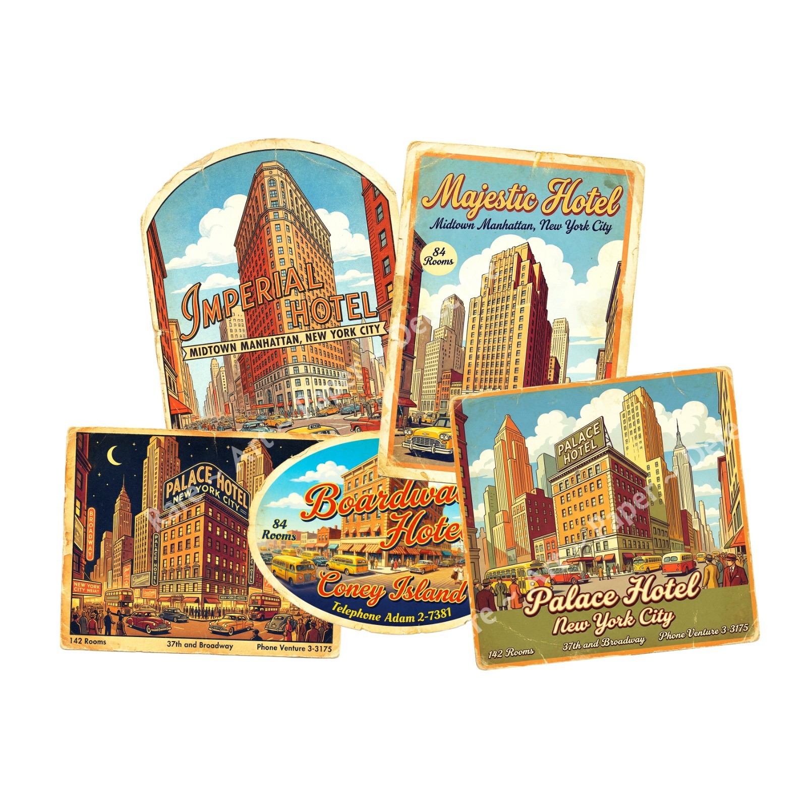 New York City Hotel Luggage Stickers, 5 Labels, Cut and Peel Sheet, 1174