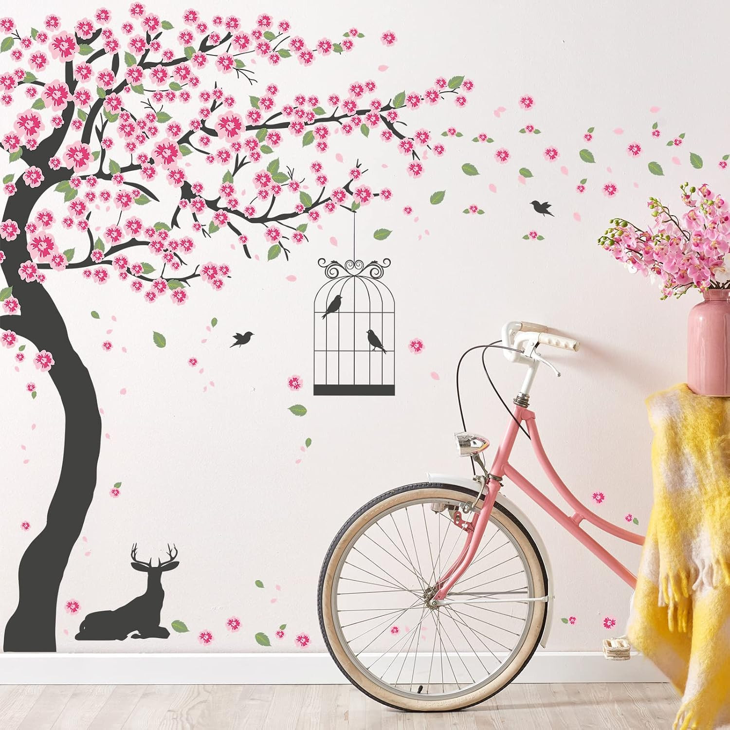 6 PCS Pink Peach Flowers Wall Decals Cherry Blossom Tree Wall Stickers DIY Remov