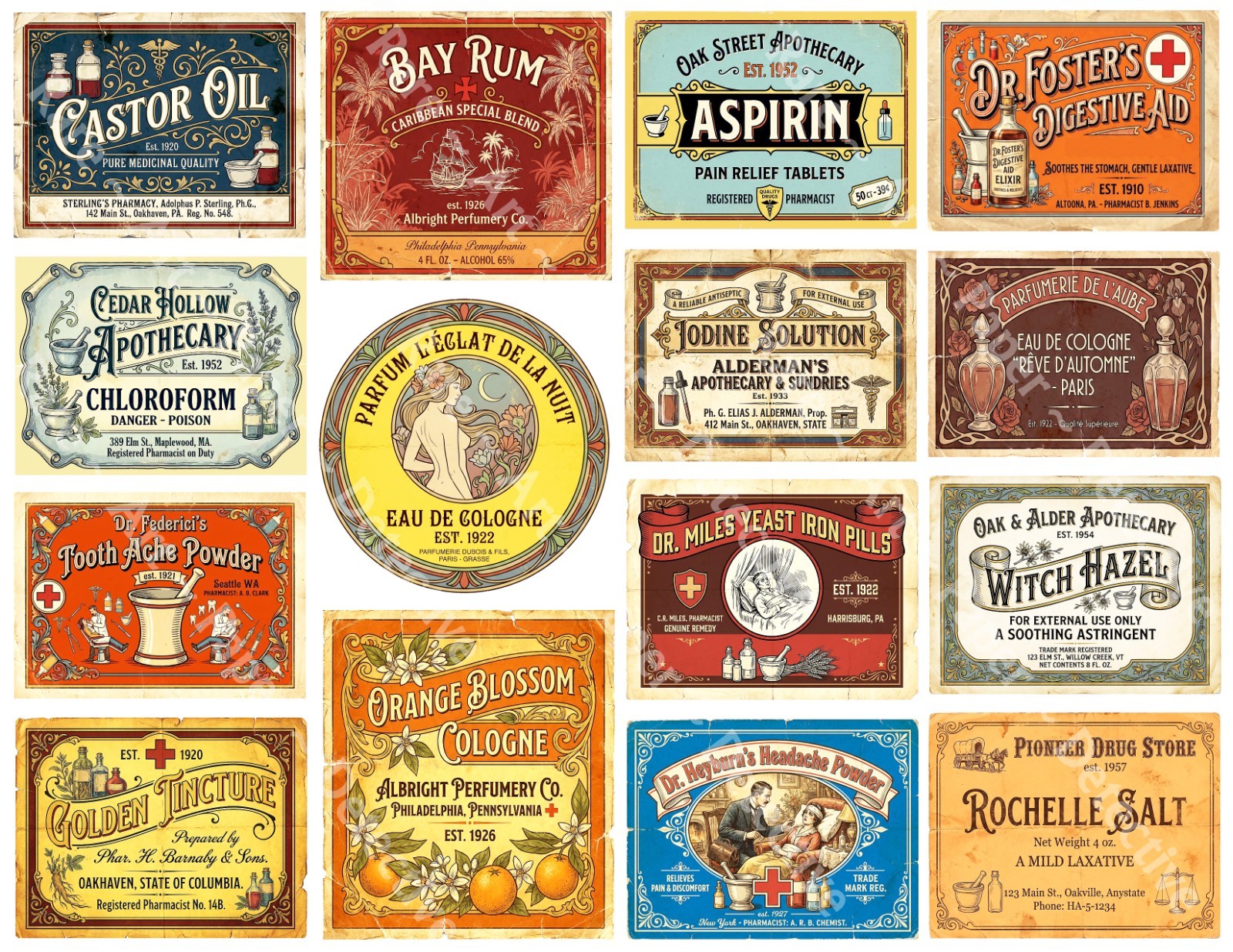 15 Vintage Apothecary Stickers for Medicine Cabinet Décor, Cut & Peel Sheet 1500