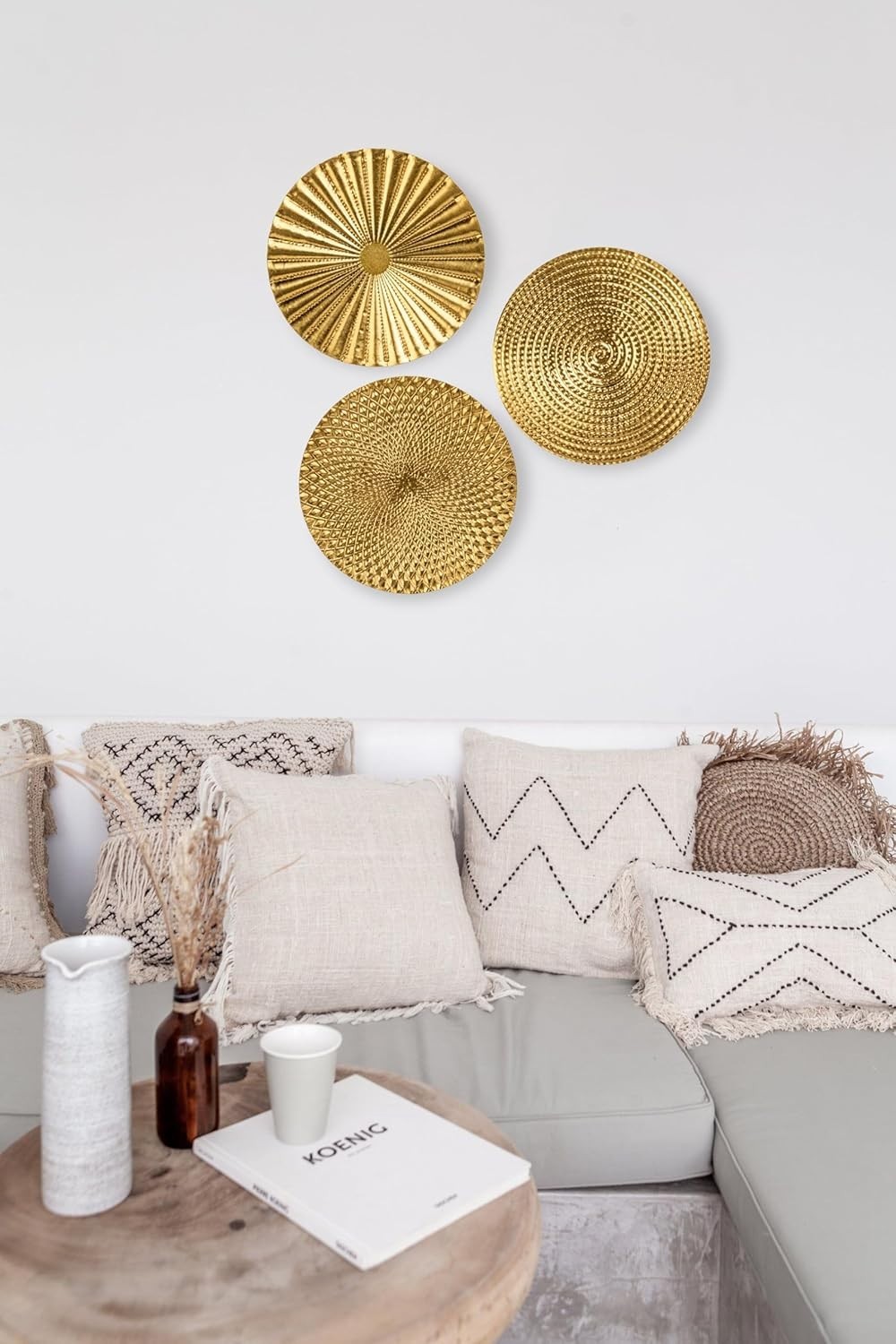 Contemporary 12" Gold Round Hanging Sculptures – 3 Count for Luxe Interiors