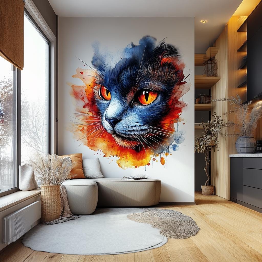 Colorful Cat Wall Decal | Watercolor Style Vinyl Sticker