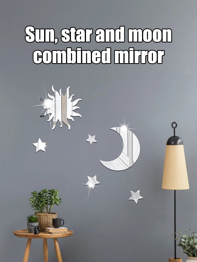 Star Moon Combination Mirror Stickers 6PCS Acrylic Stereo Self Adhesive Wall Art