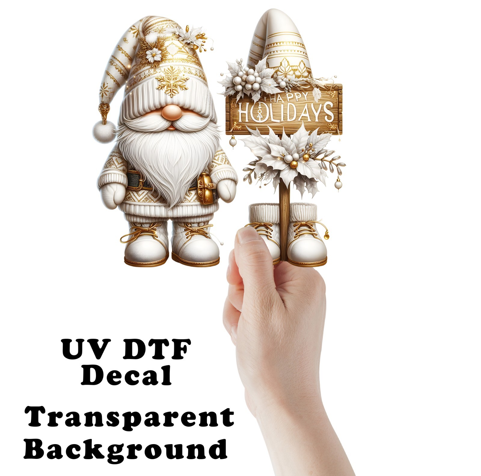 Gold and White Happy Holidays Christmas Gnome UV DTF Transparent Sticker / Decal