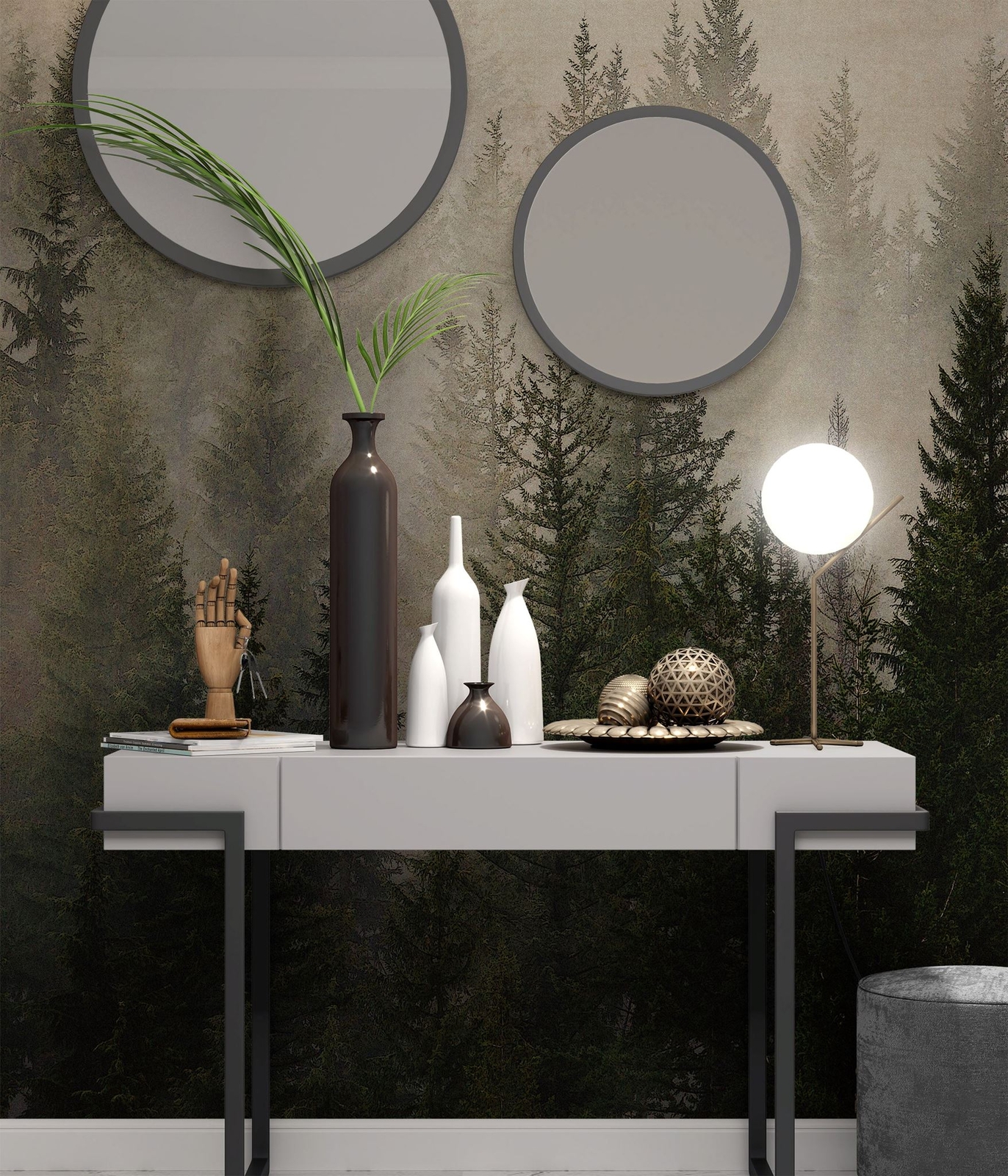Misty Pine Tree Forest Landscape Wallpaper. Peel and Stick Wall Mural. Self Adhe
