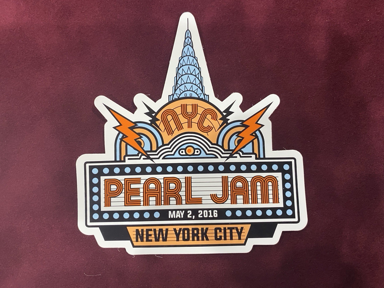 Pearl Jam New York City, NY May 2, 2016 TOUR STICKER – New / Unused.