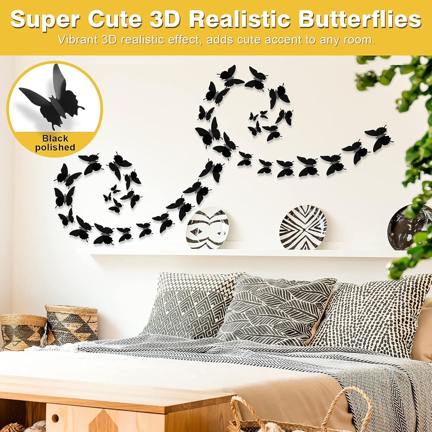 3D Butterfly Wall Decor 48pcs Black Polished Butterflies Stickers