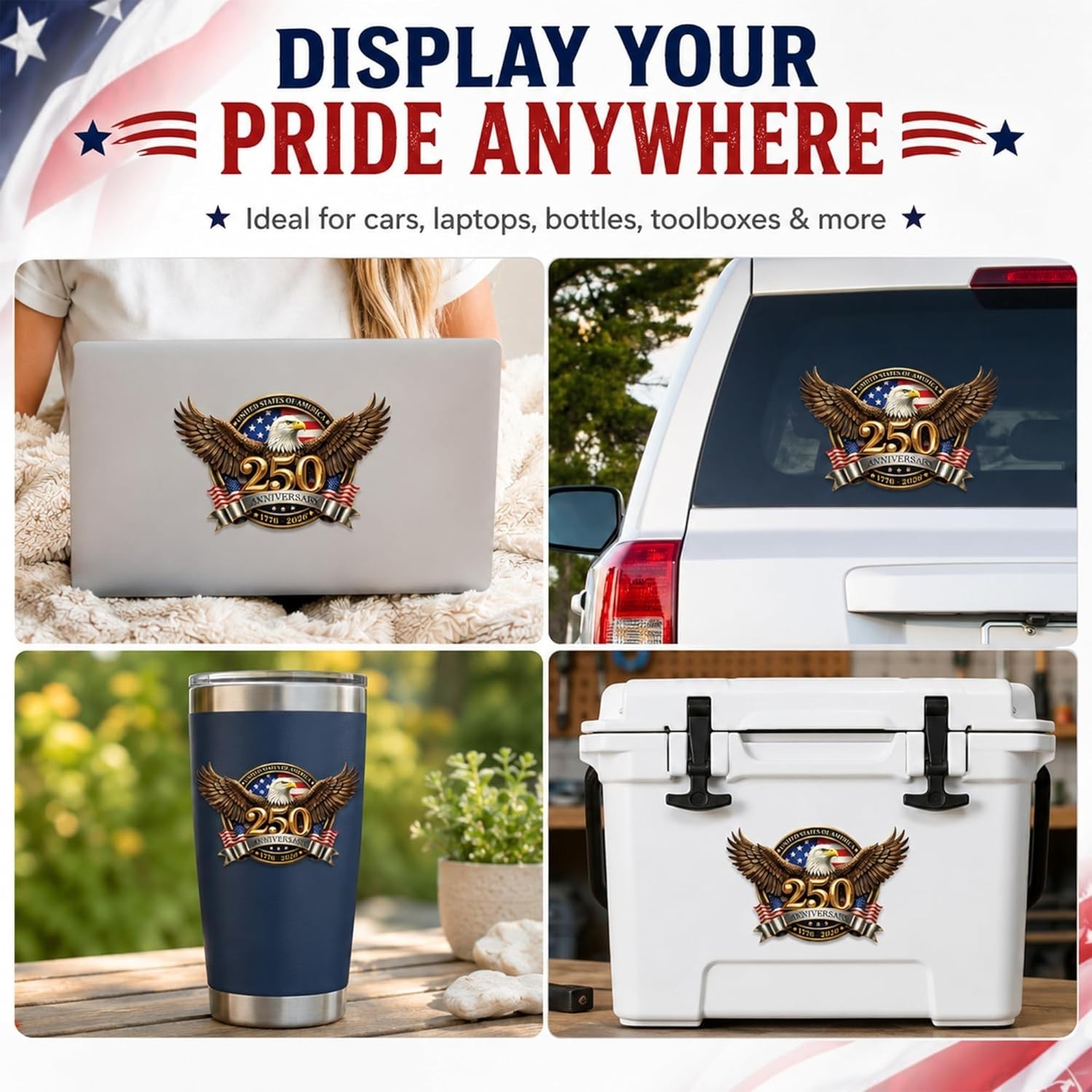 Bold Patriotic 250th Anniversary Car Stickers – Easy Application & Versatile Use