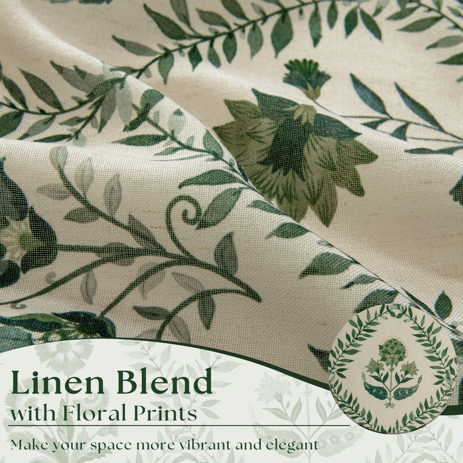 Green Floral Linen Curtains 84 Inch Length for Living Room Bedroom 2 Panels S…