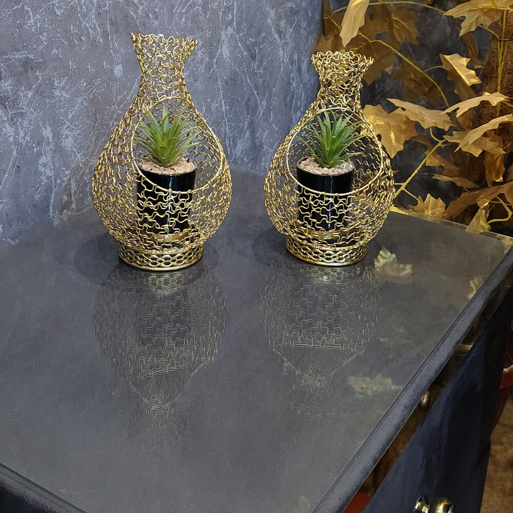 Handcrafted Gold Wire Vase with Artificial Plant – Elegant Home Décor Piece 2135