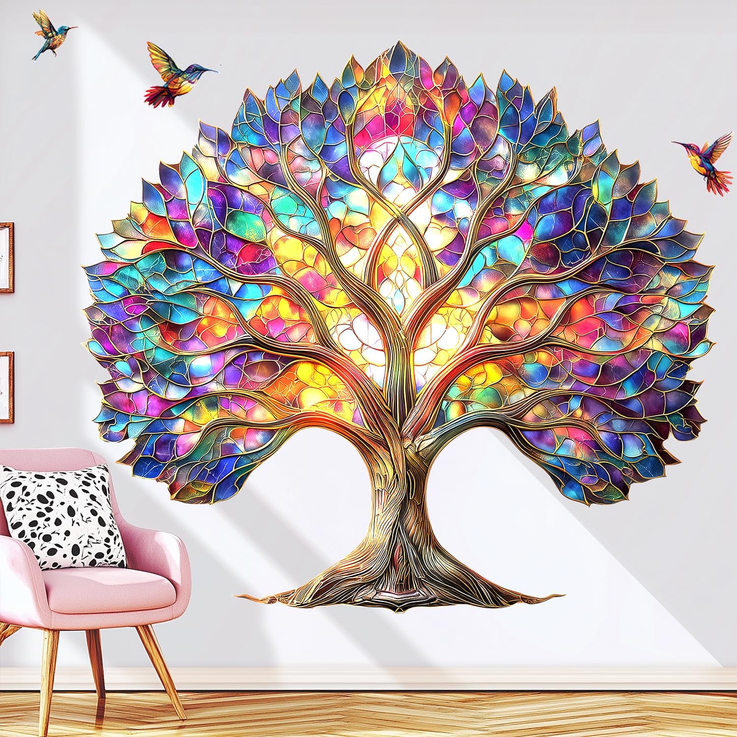 Vibrant Tree of Life Wall Decals Peel and Stick,Stained Glass Leaves Wall Sti…