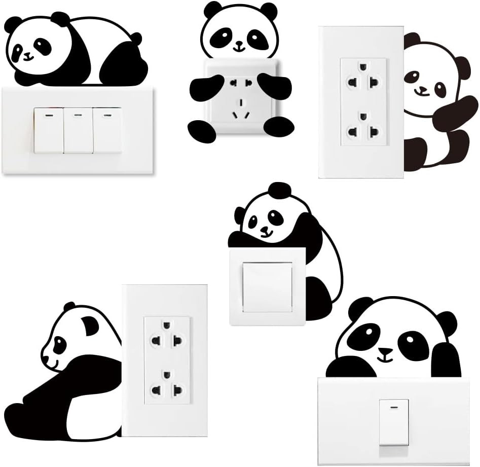 6Pcs Cute Panda Light Switch Stickers, 7X7 Inch Cartoon Pandas Wall Sticker Ligh