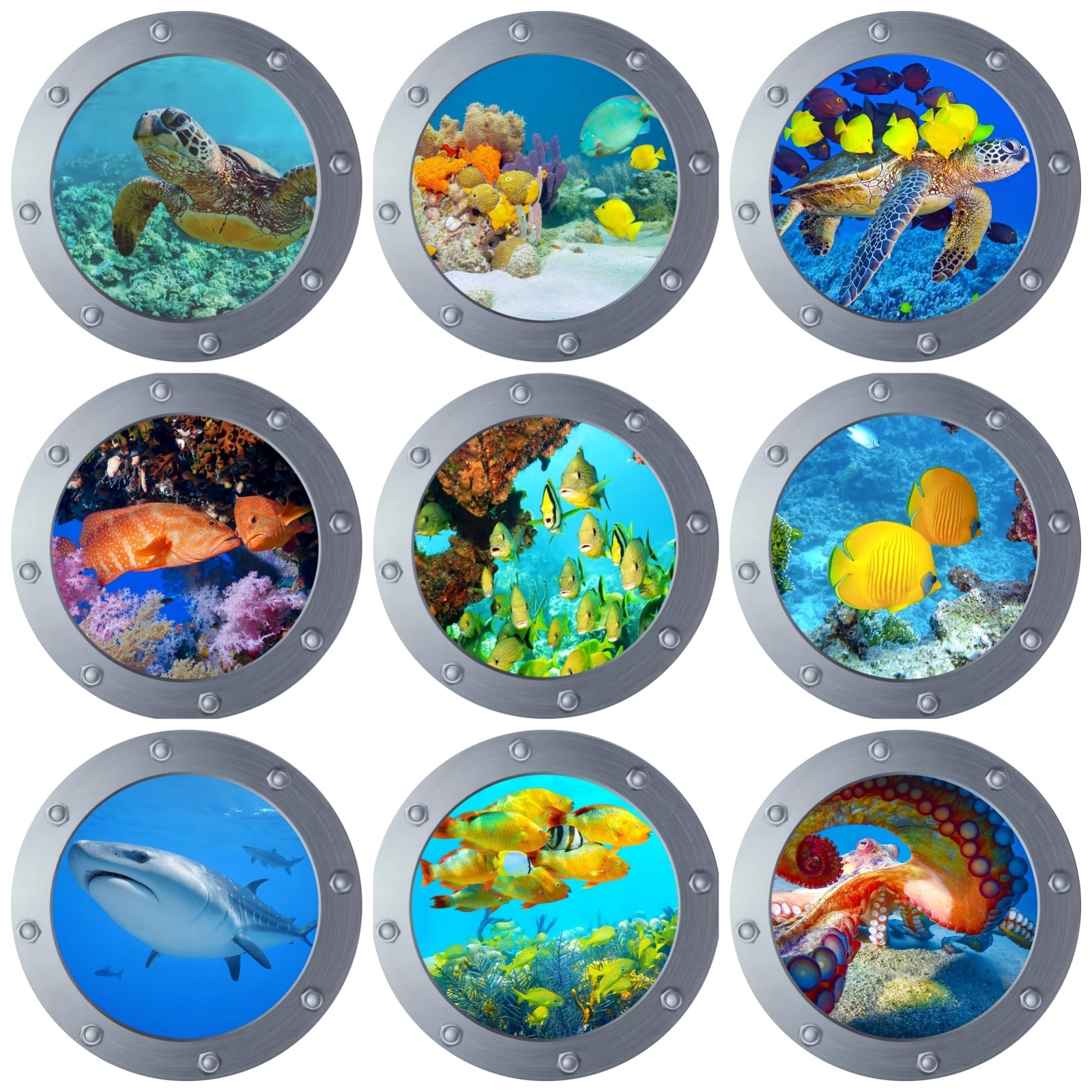 Ocean Animal Wall Decals 11 Inch Porthole Design Set for Nursery/Classroom- E…