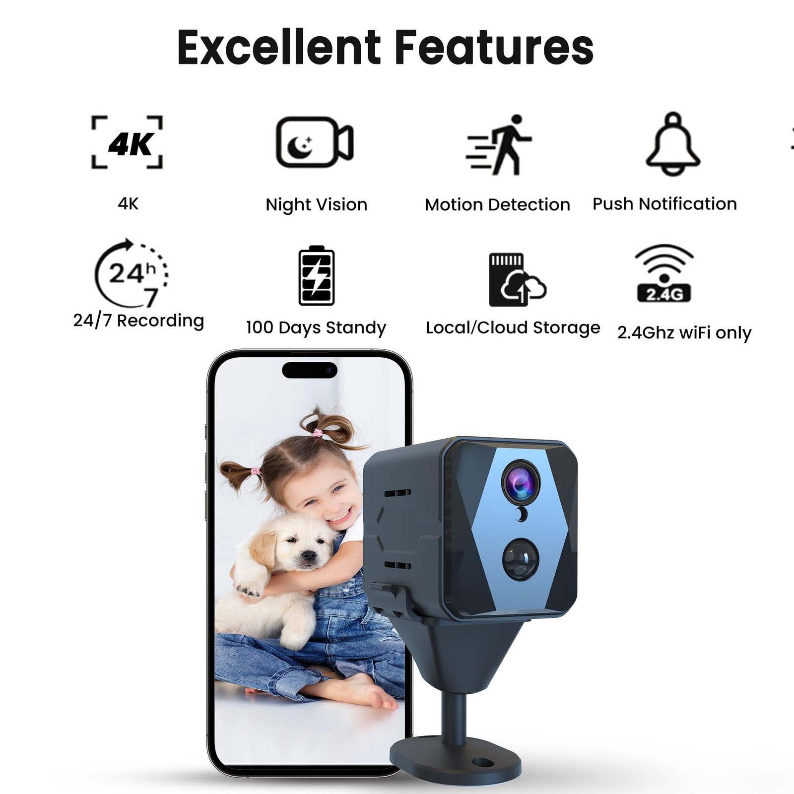 Indoor Camera, 4K Security Camera, Wireless Camera with 100-day Standby Time,…