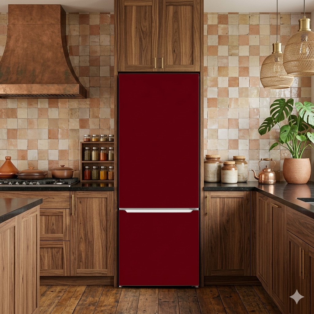 Deep Red Peel and Stick Refrigerator Wrap Solid Color Design