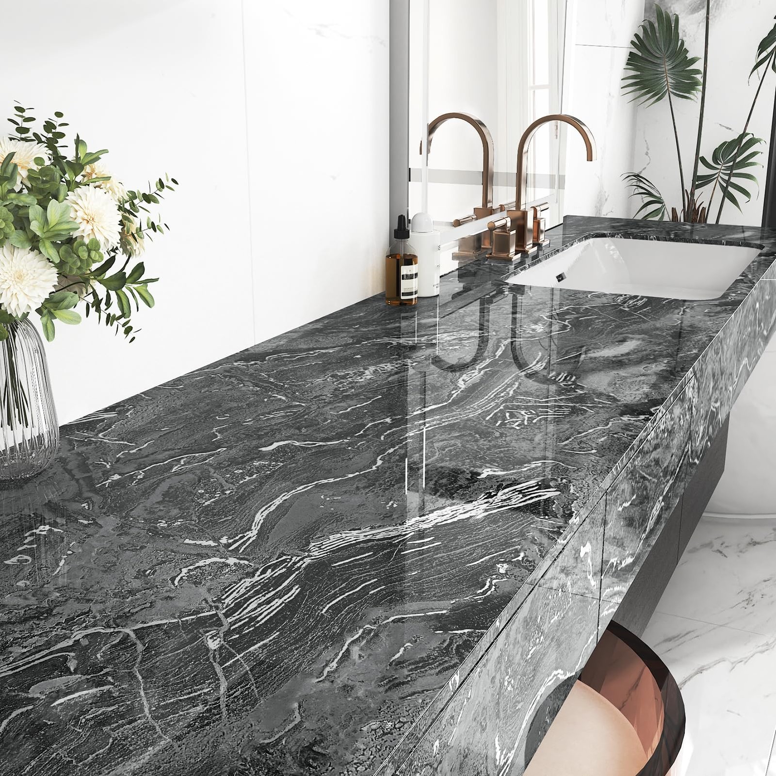 Glossy Black Marble Paper for Countertops 15.8"x236" Silver Granite Peel an…