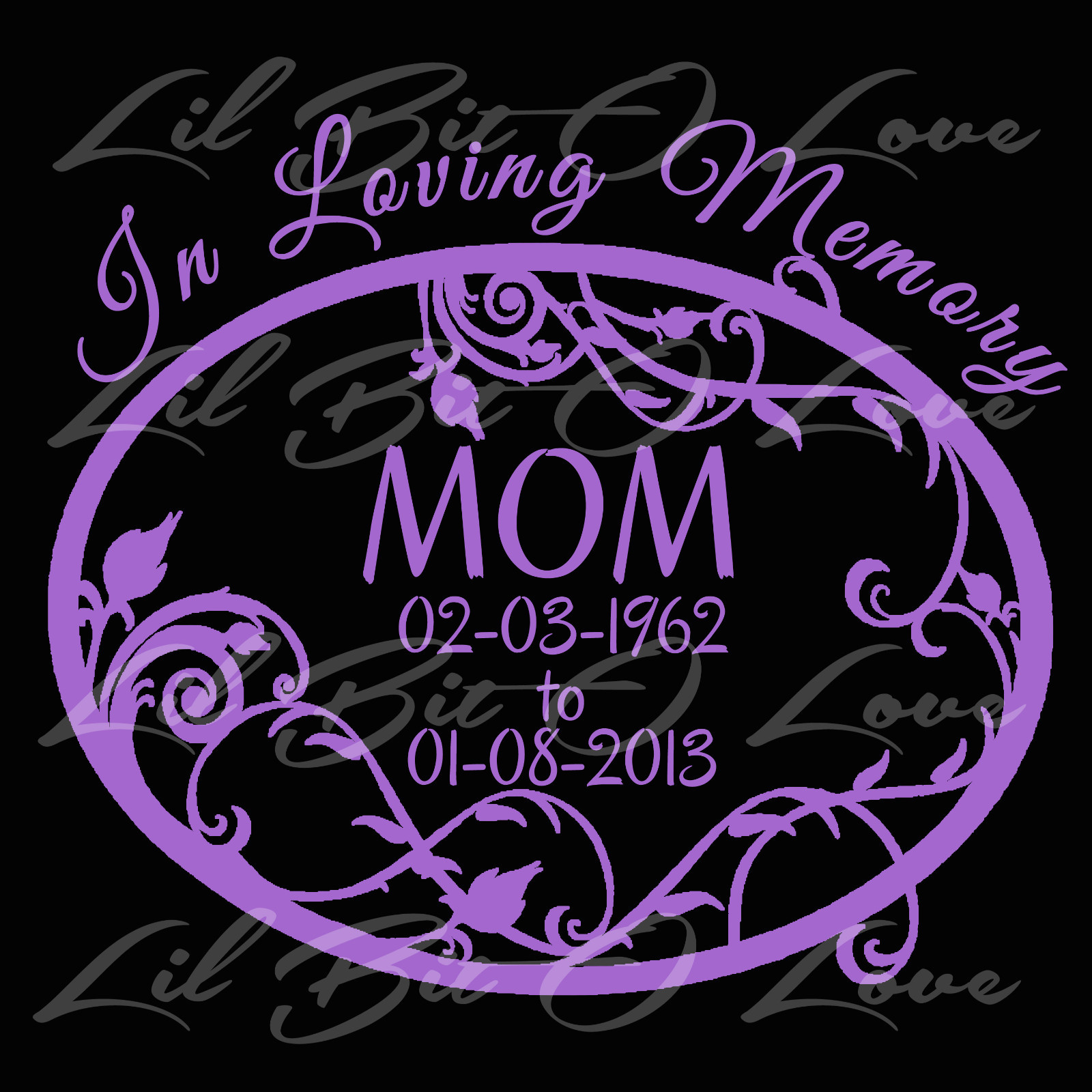 PERSONALIZED IN LOVING MEMORY VINYL DECAL WITH FILIGREE OVAL & NAMES AND DATES