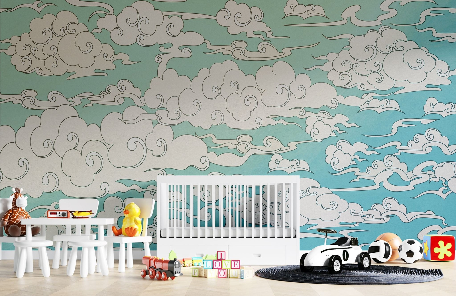 Japanese Traditional Curly Cloud in Sky Abstract Illustration Asian Decor Wall M