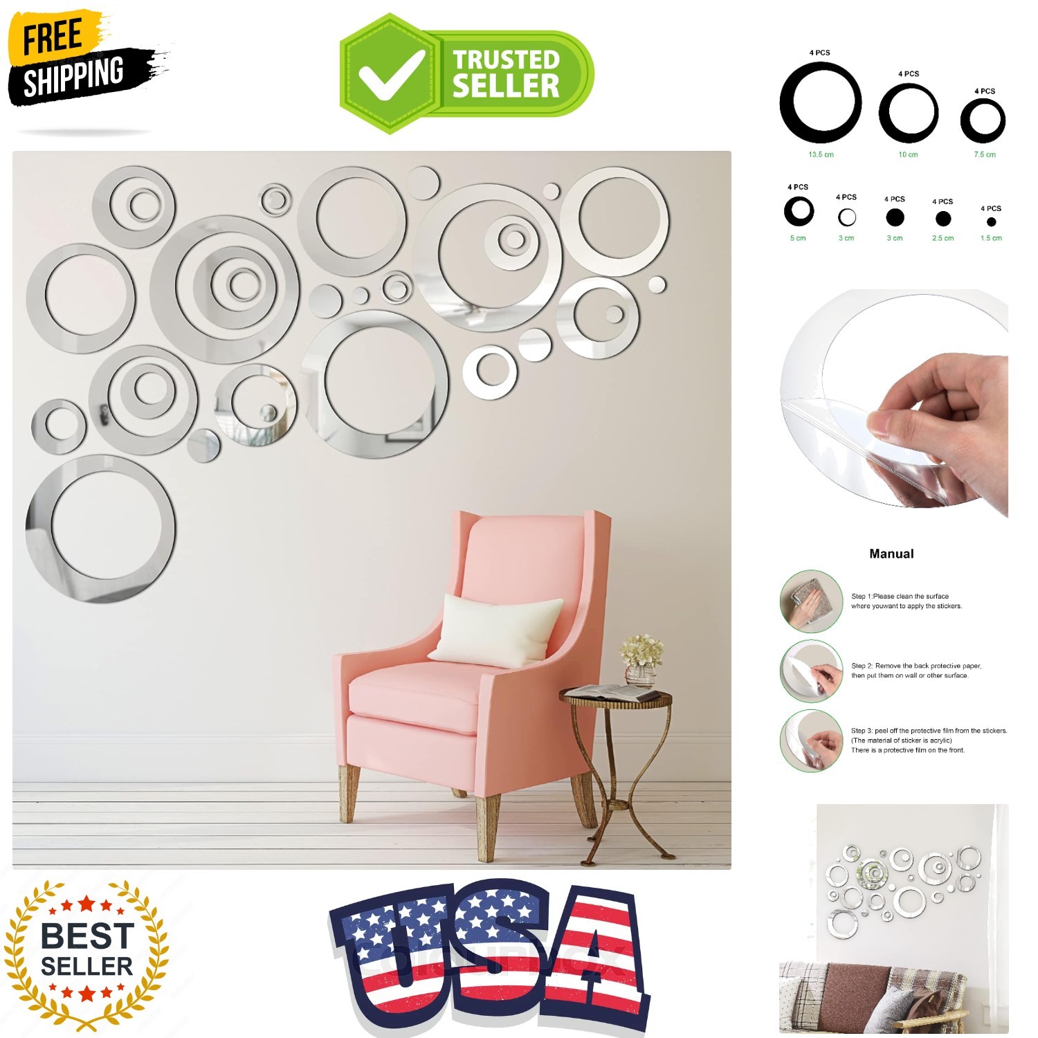 32 Pieces Adjustable Acrylic Mirror Removable Wall Sticker Decal Home Decorat…
