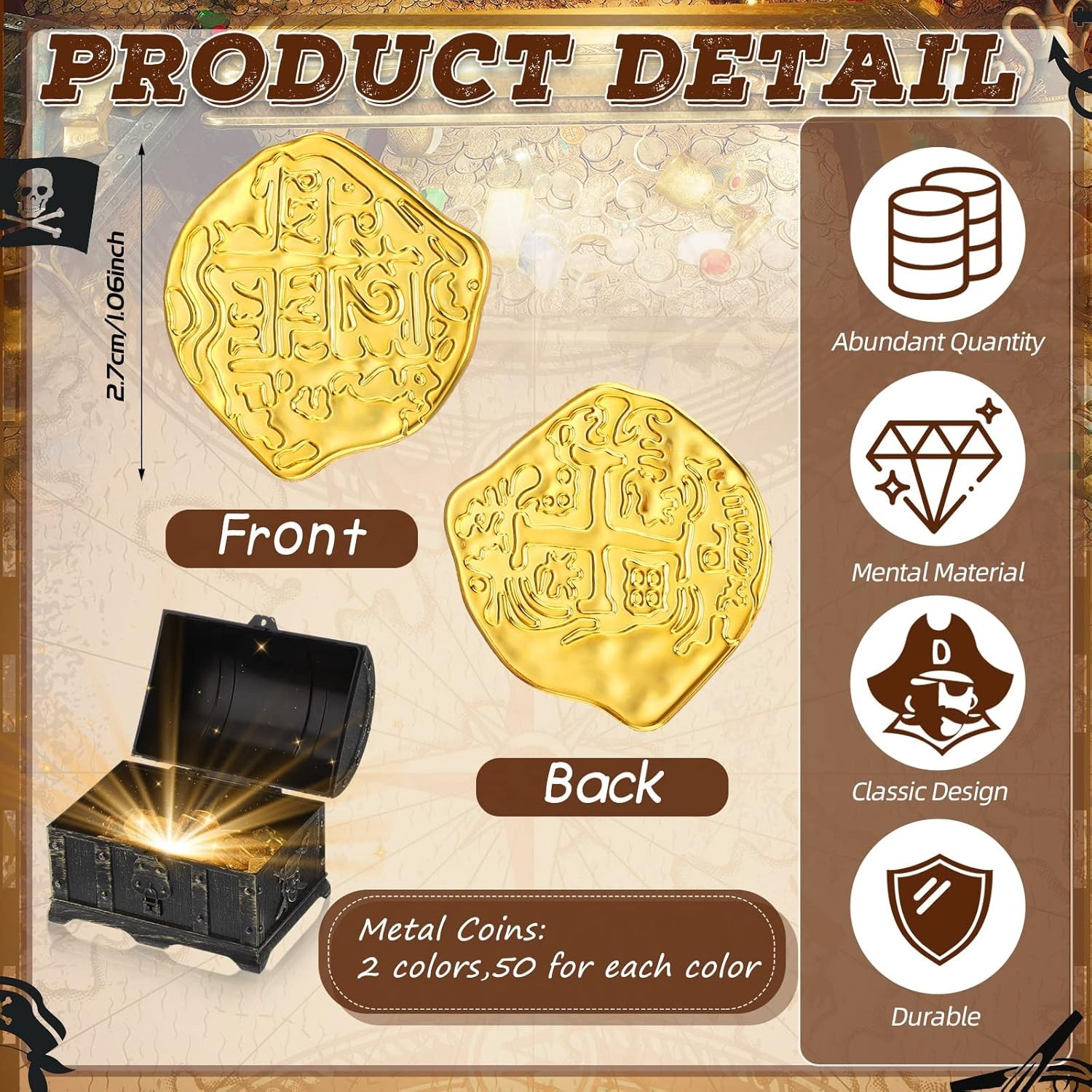 Hanaive 100 Pcs Metal Pirate Coins Treasure Chest Spanish Medium, Gold