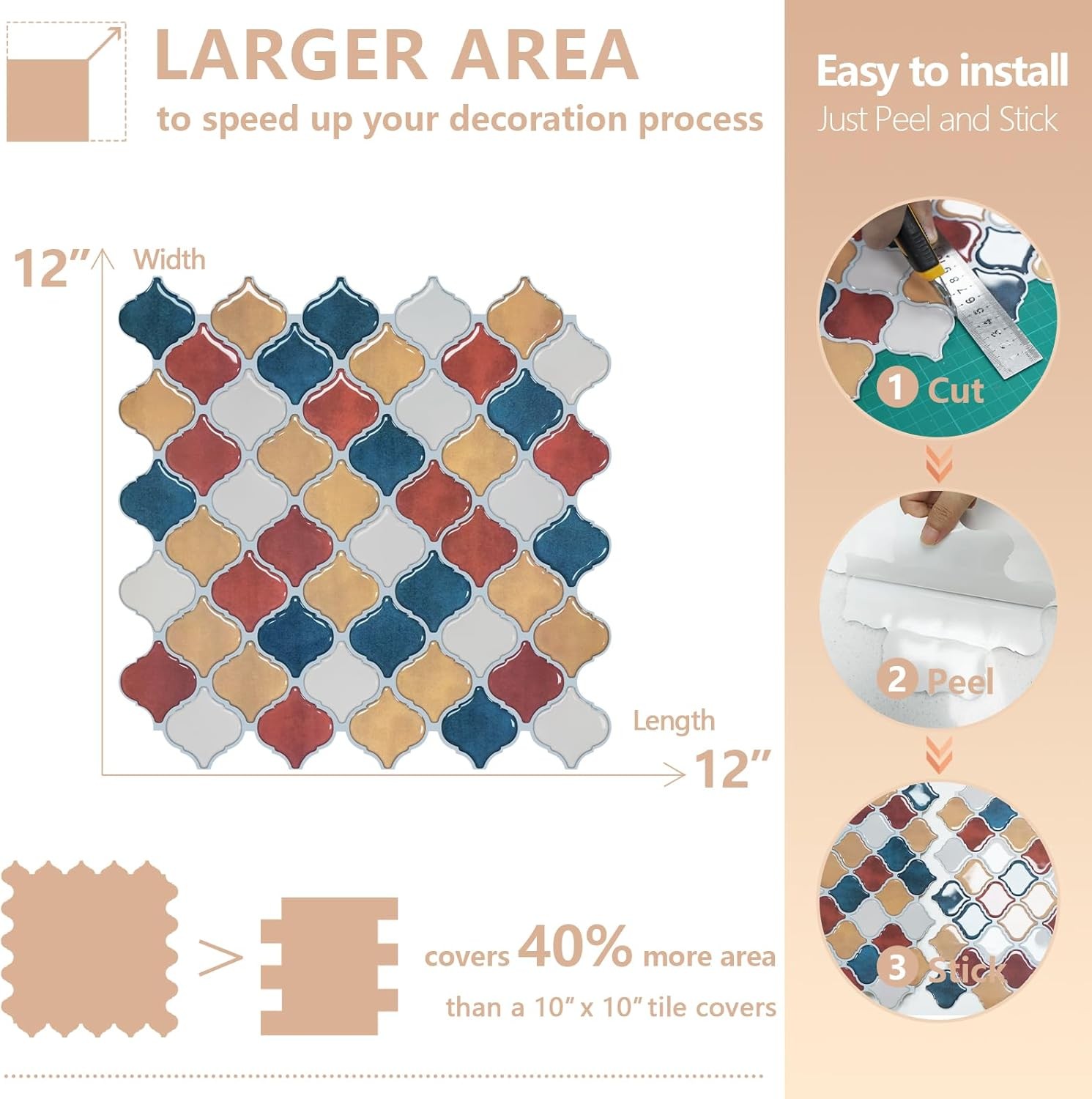 Arabesque Peel Stick Backsplash 12×12” Backsplash Tile for Kitchen Self Adhesive