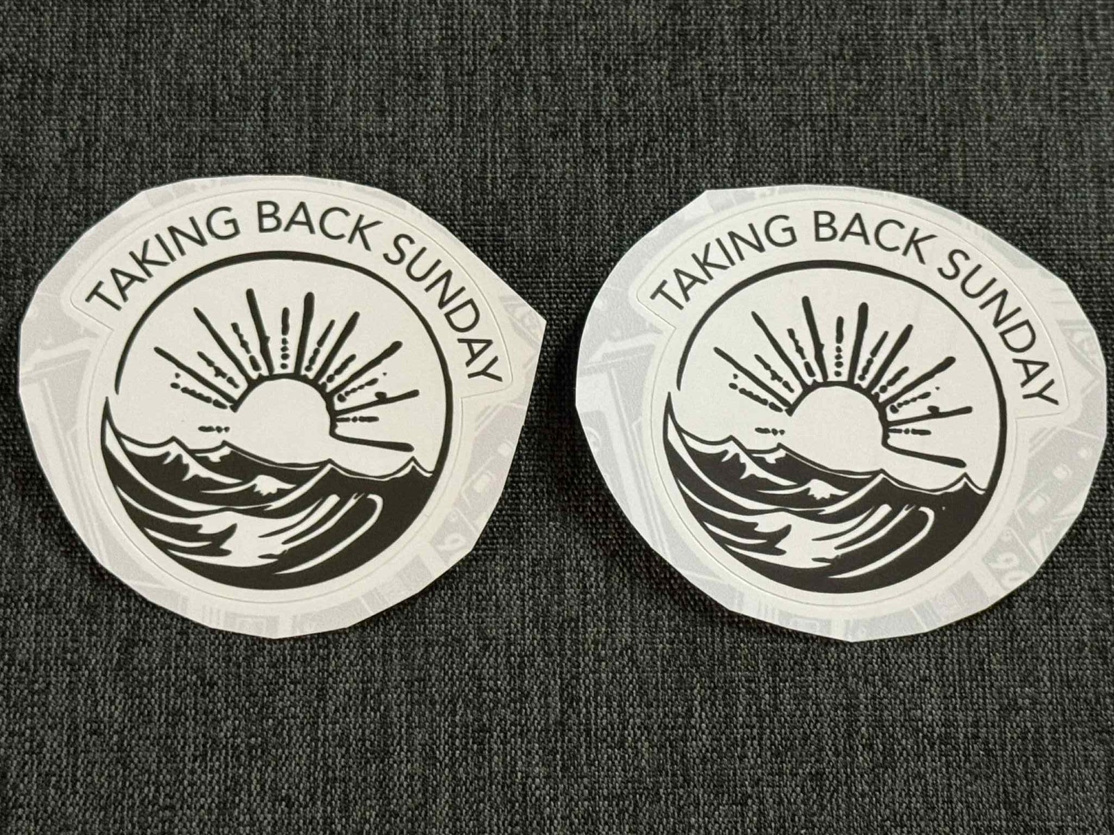 Lot (2) TAKING BACK SUNDAY 2 3/8" x 2 5/8" Band Logo STICKERS Fast! FREE SHIP!