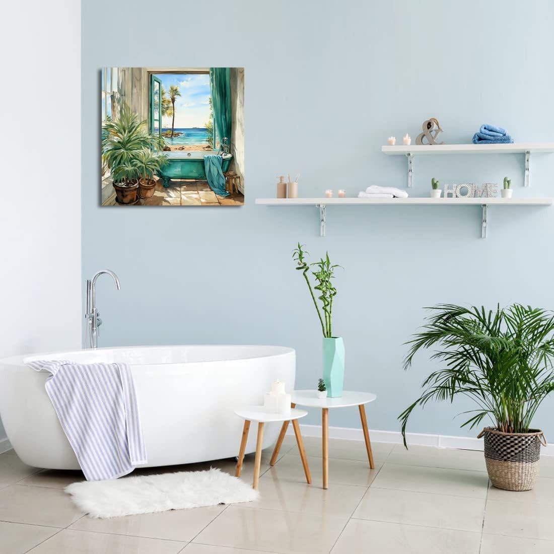 LAIART Bathroom Canvas Print Wall Art Decor Teal Bathtub 12"L x 12"W, Green