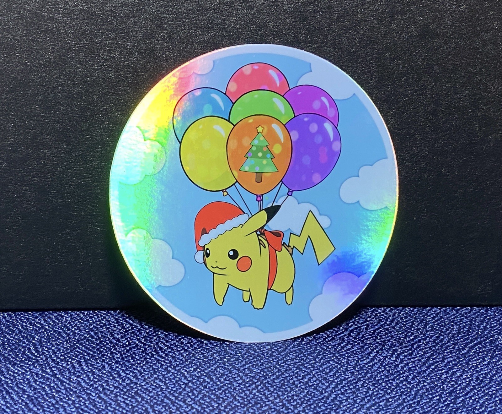 Flying Santa Hat Pikachu – Sticker Holographic Pokemon Decal Rainbow Holo