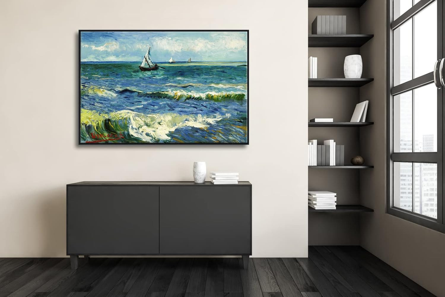 Extra Large Black Framed Van Gogh Seascape Canvas for Modern Home Decor