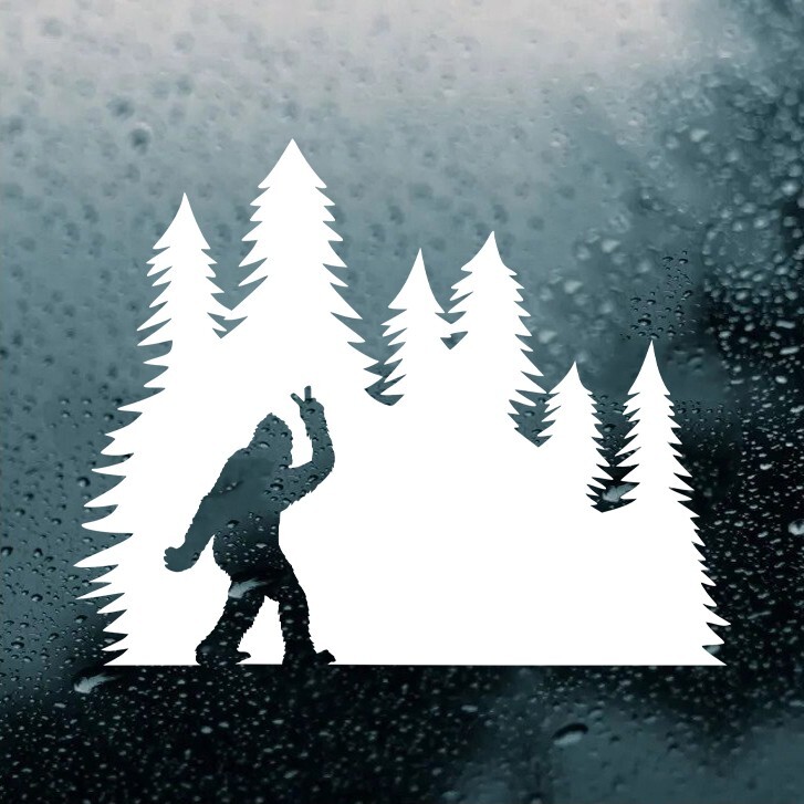 Bigfoot Peace Sign in Tree Line Vinyl Decal V1 | Sasquatch Pine Trees Sticker